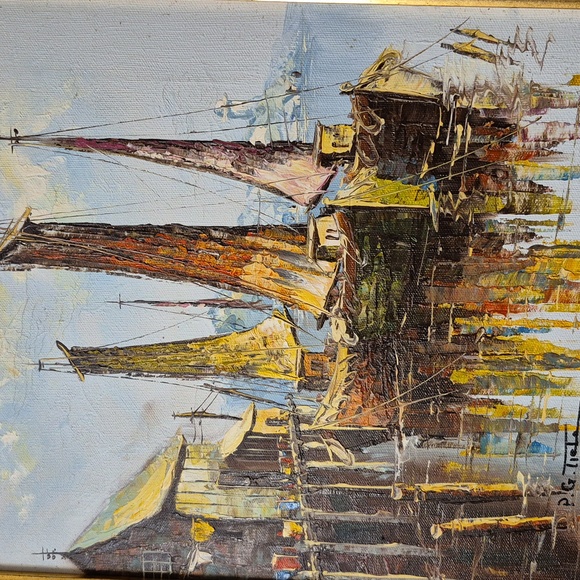 Vintage P.G. Tiele Oil on Canvas Painting - Nautical Boats in Harbor - Picture 6 of 9